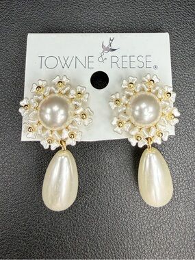 Towne & Reese Gold and Ivory Floral Pearl Drop Earrings